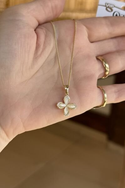 VIP Sedefli Yaprak Modelli Yonca Kolye 45 cm