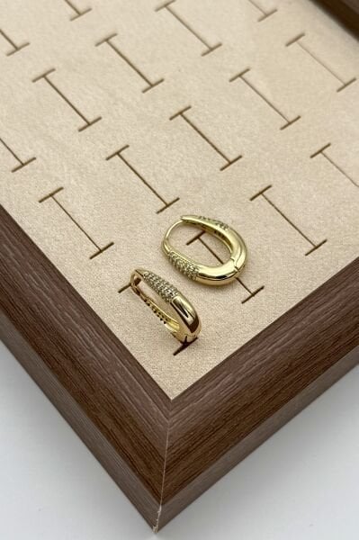 VIP Ön ve Arkası Taş İşlemeli Oval Sepet Halka Küpe 14K