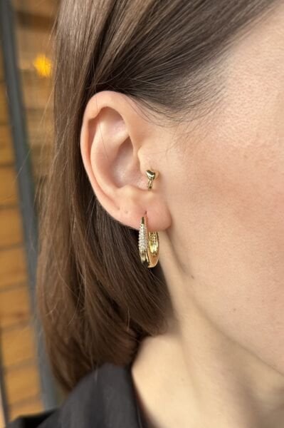 VIP Ön ve Arkası Taş İşlemeli Oval Sepet Halka Küpe 14K