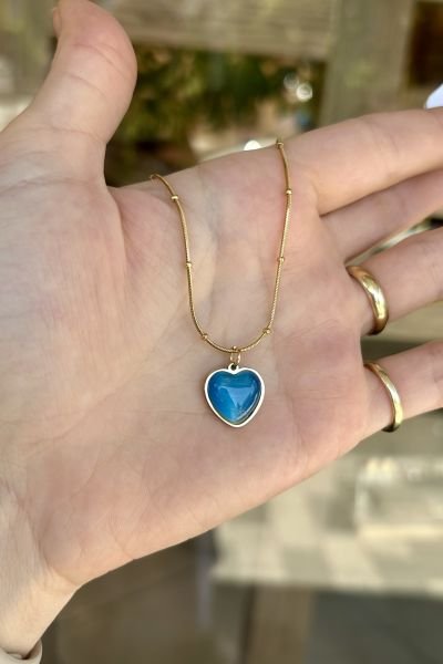 Sedefli Kalp Uçlu Topçuk Çelik Zincir Kolye Royal Mavi