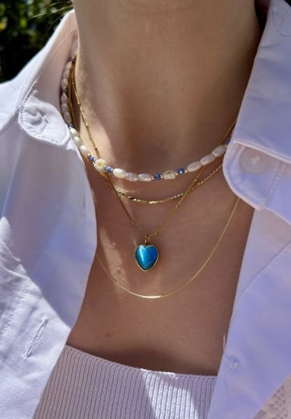 Sedefli Kalp Uçlu Topçuk Çelik Zincir Kolye Royal Mavi