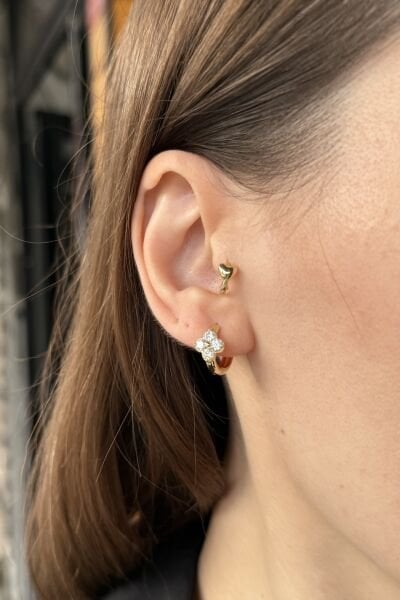 VIP Zirkon Taş Yapraklı Yonca Halka Küpe 14K