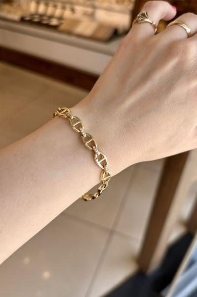 VIP Gömme Taş Kemerli Badem Zincir Bileklik 17 + 2 cm