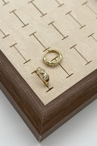 VIP Geometrik 3 Taşlı Halka Küpe 14K