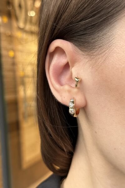 VIP Geometrik 3 Taşlı Halka Küpe 14K