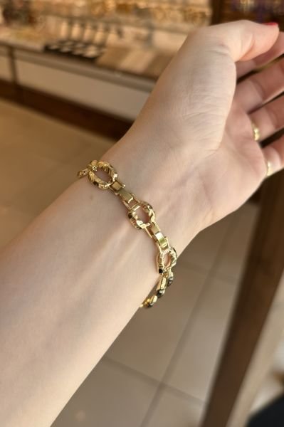 VIP Ezme Detaylı Sıra Oval Zincir Bileklik 17 + 2 cm 14K