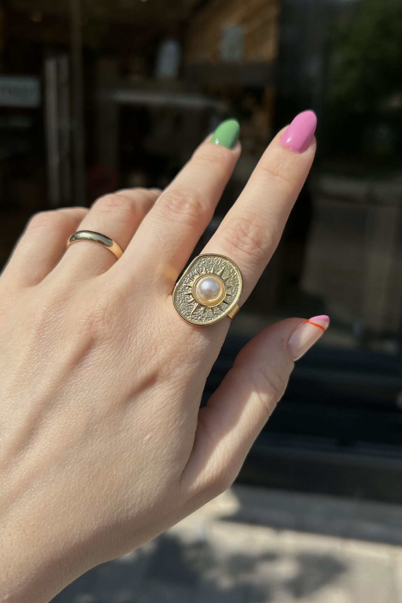 İncili Güneş Plaka Ayarlanabilir Çelik Yüzük