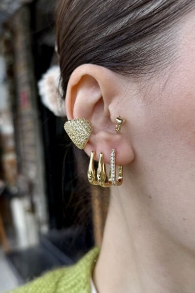 VIP Önü Sıra Talı Oval Halka Küpe 14K