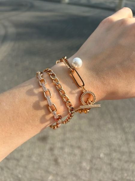 VIP Seri İnci Detaylı İki Farklı Zincir Model Bileklik 19 cm