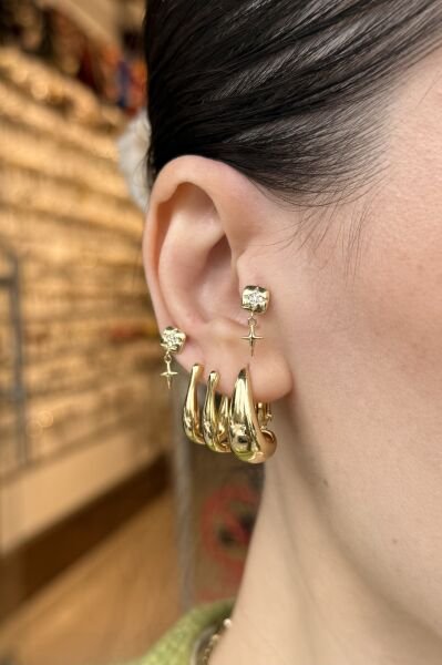 VIP Taş ve Sallantı Detaylı Kuzey Yıldız Küpe 14K