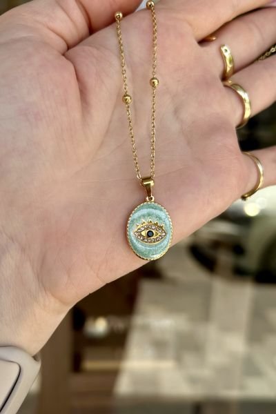 Turkuaz Mineli Göz Detay Oval Plaka Uçlu Çelik Kolye