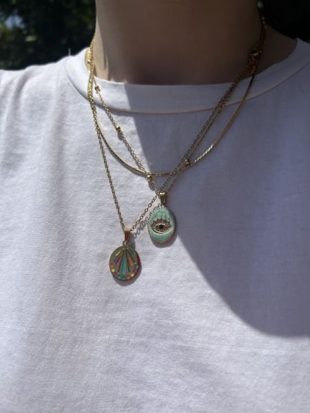 Turkuaz Mineli Göz Detay Oval Plaka Uçlu Çelik Kolye