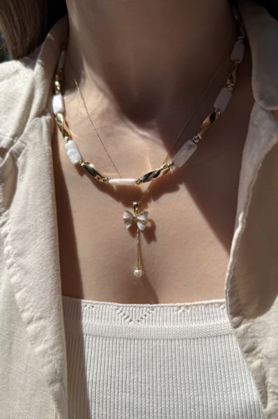 VIP İnci Sallantılı Sedefli Fiyonk Uç Kolye 45 cm 14K