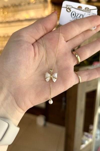 VIP İnci Sallantılı Sedefli Fiyonk Uç Kolye 45 cm 14K