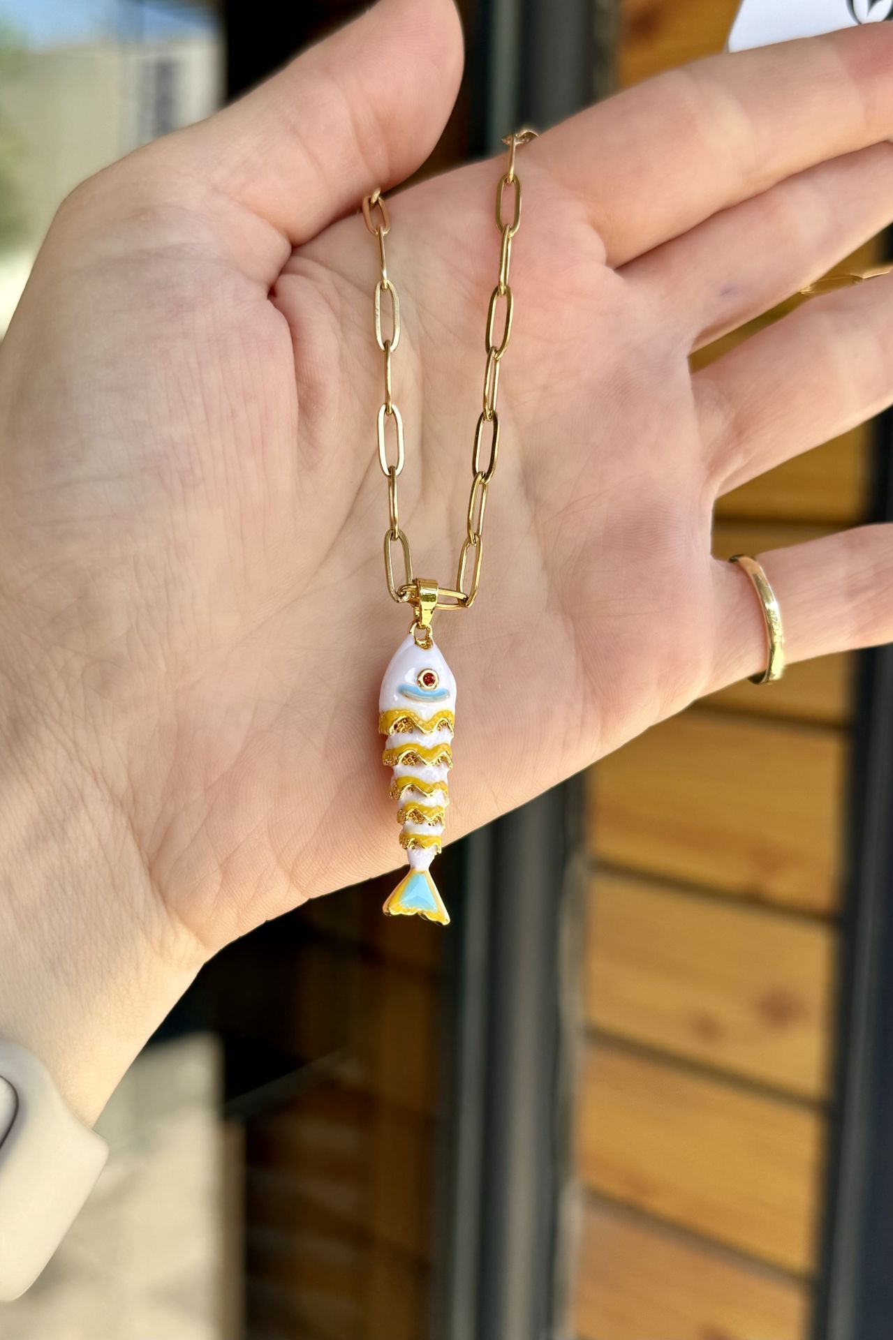 Oval Zincir Mineli Balık Model Çelik Kolye 45 cm Beyaz