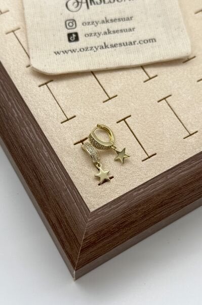 VIP Yıldız Sallantılı Çift Sıra Gömme Taş Detay Halka Küpe 14K