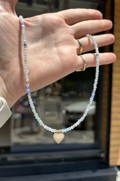 Ozzy Summer Kalp Uçlu Kristal Boncuk Kolye Mavi