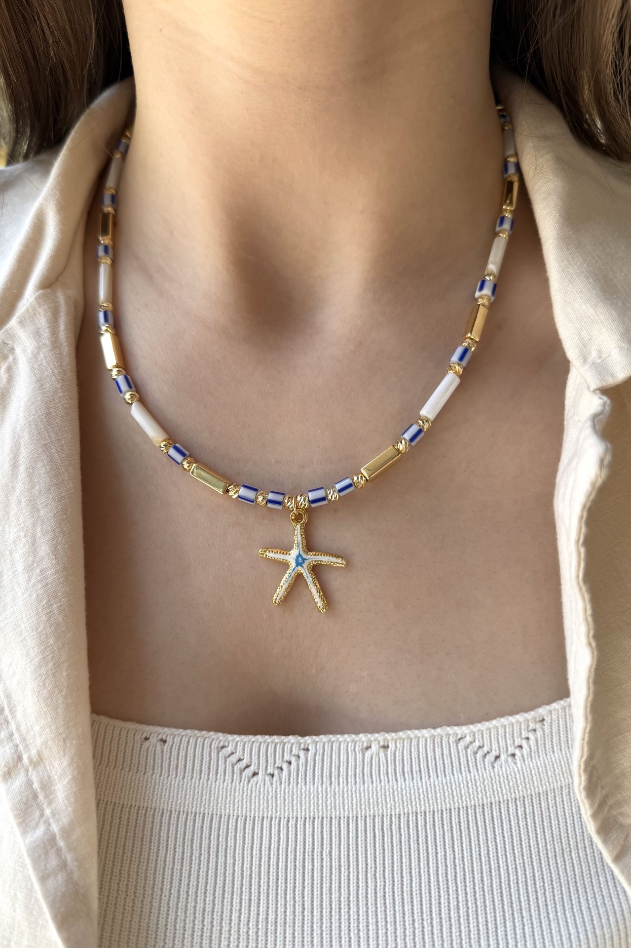 Gerçek Sedefli Deniz Yıldızı Detay Boncuk Kolye