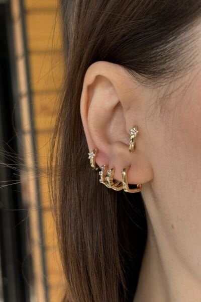 VIP Önü Tek Taşlı Kare Halka Küpe 14K