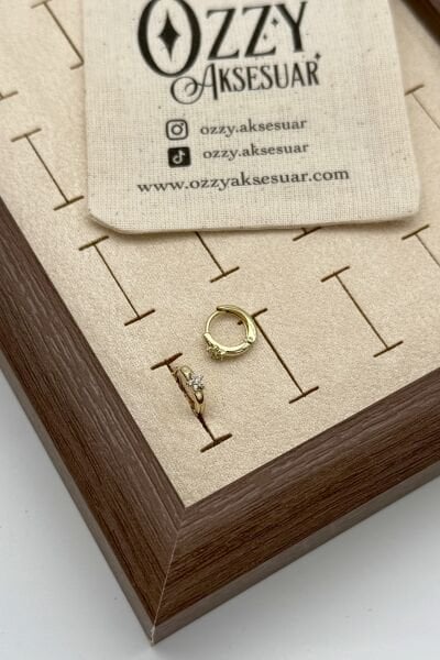 VIP Önü Gömme Taşlı Yıldız Detaylı Küçük Halka Küpe 14K