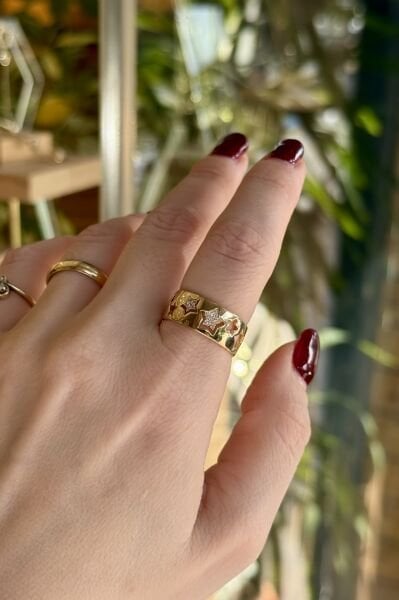 Üzeri Gömme Taş Detay Yıldız İşlemeli Ayarlanabilir Yüzük