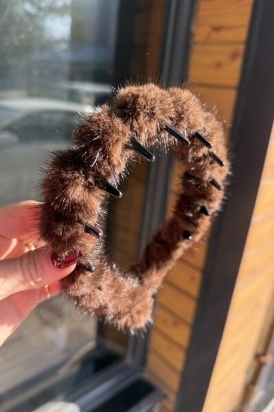 Peluş Leopar Taraklı Taç Koyu Renk