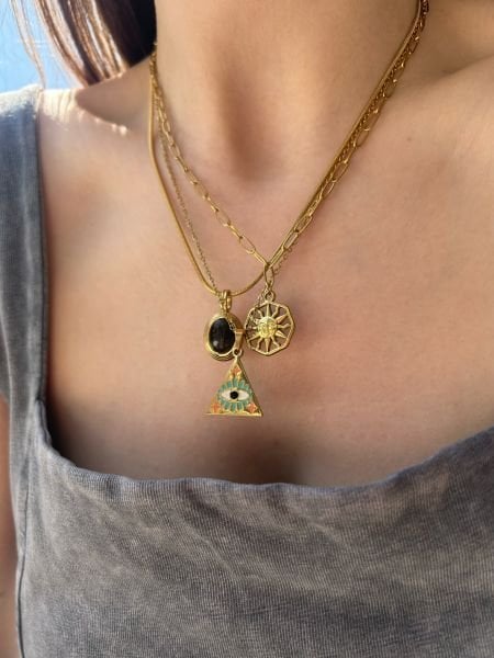 Oval Zincirli Güneş Model Çelik Kolye 45 cm