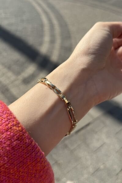 VIP Gömme Taş Detaylı Sıra Oval Model Bileklik 17 + 2 cm 14K