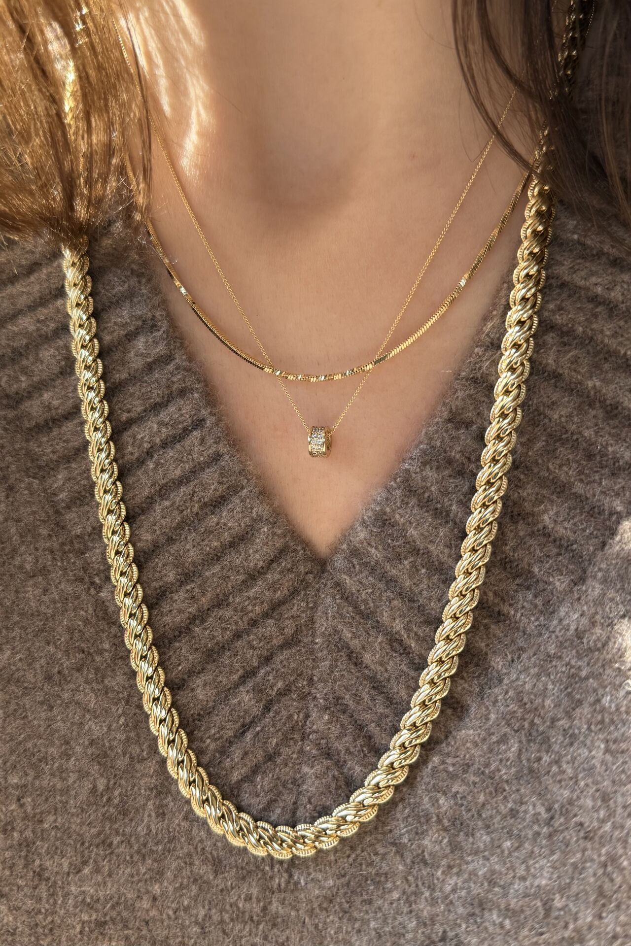 VIP Çift Sıra Taşlı Silindir Model Kolye 45 cm 14K