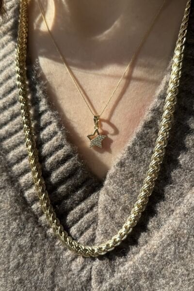 VIP Yarı Gömme Taşlı Yıldız Kolye 45 cm 14K