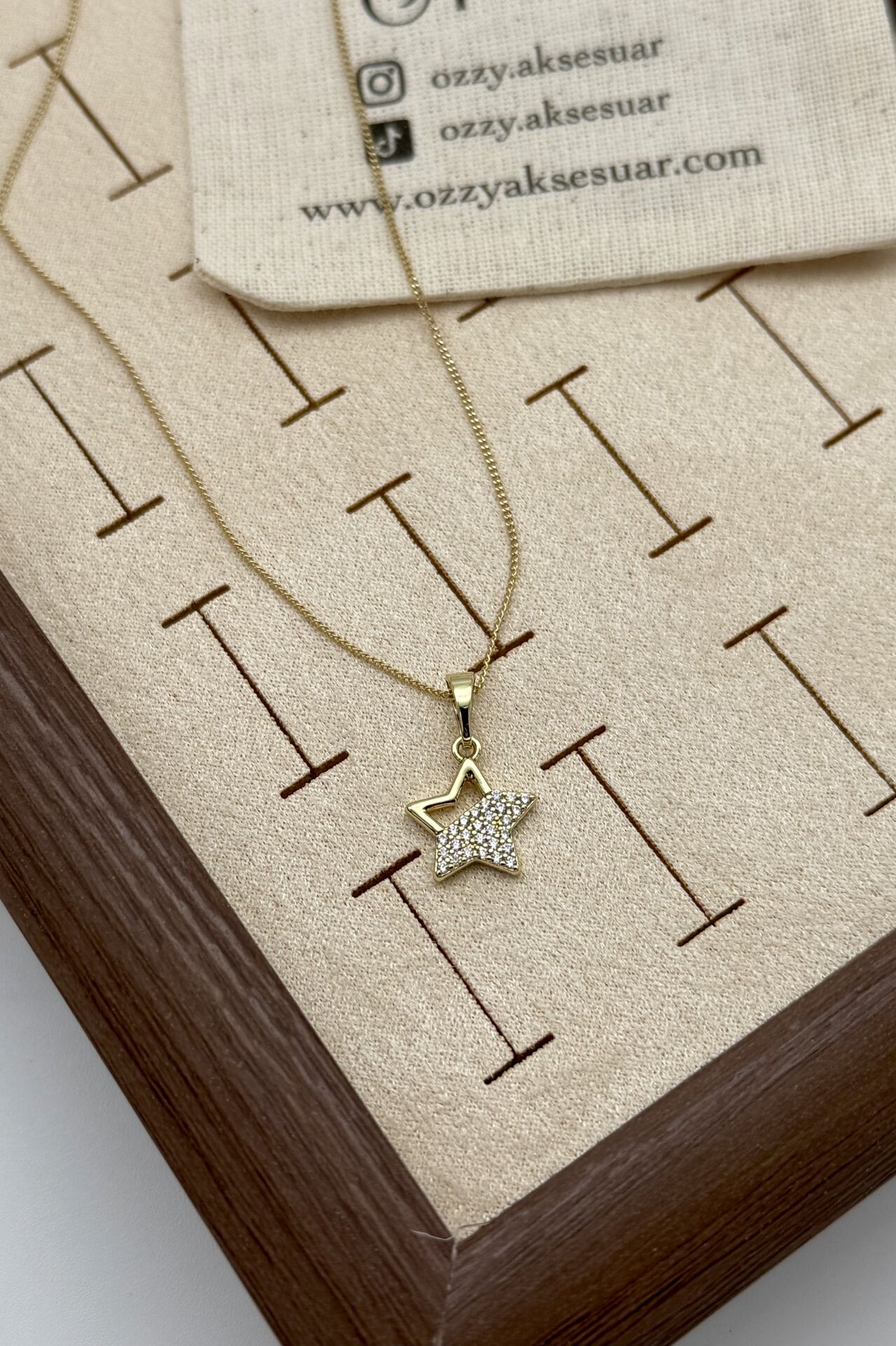 VIP Yarı Gömme Taşlı Yıldız Kolye 45 cm 14K