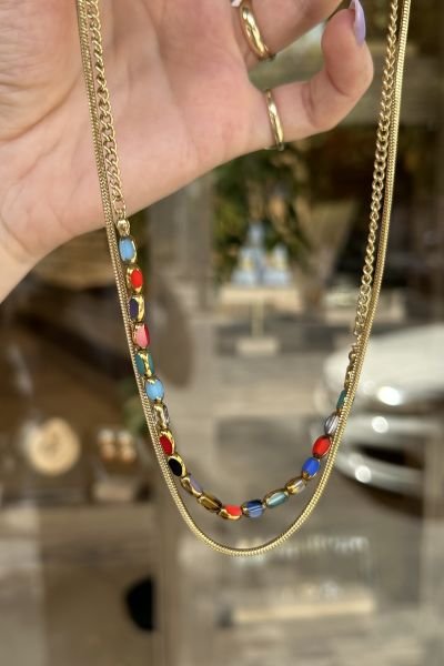 Mix Renkli Boncuk Detaylı Çift Sıra Çelik Kolye