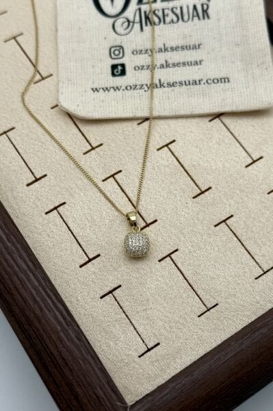 VIP Gömme Taş İşlemeli Bombe Uç Kolye 45 cm 14K