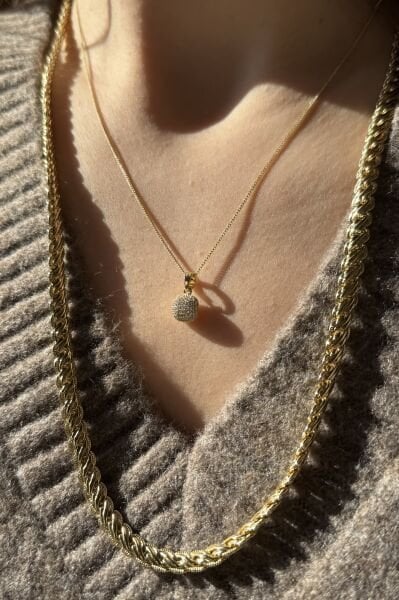 VIP Gömme Taş İşlemeli Bombe Uç Kolye 45 cm 14K