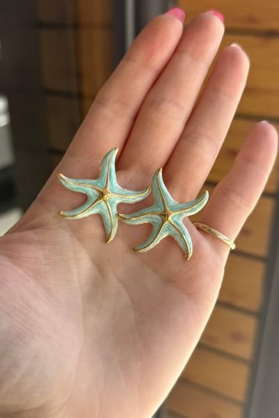 Mineli Deniz Yıldızı Çelik Küpe Turkuaz