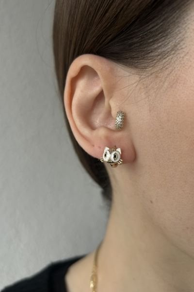 VIP Mineli Kedi Model Küçük Halka Küpe 14K