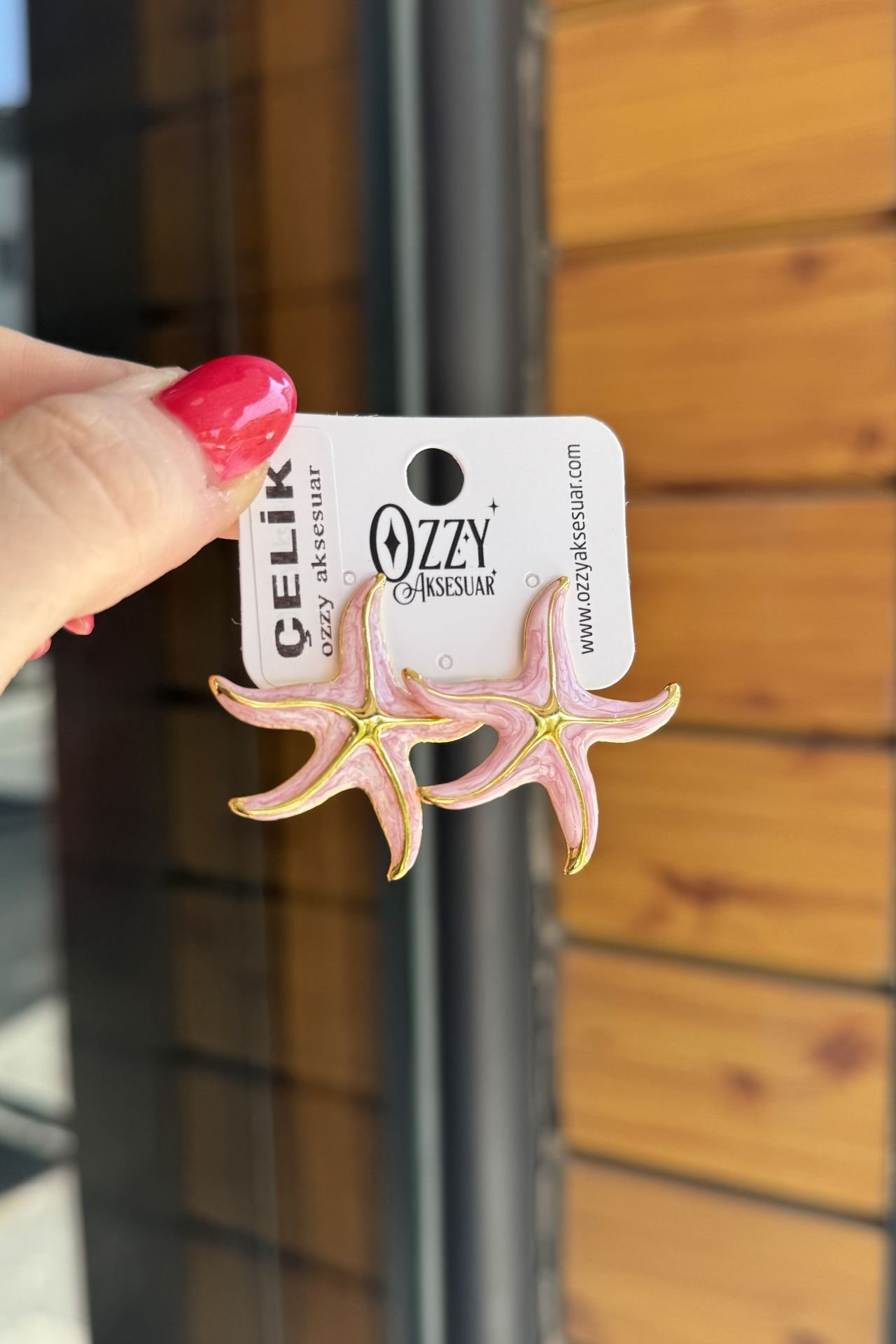 Mineli Deniz Yıldızı Çelik Küpe Pembe