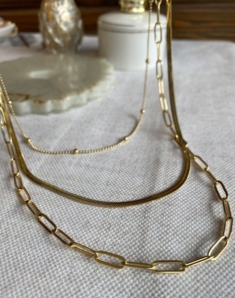 Oval Zincir Detaylı Çelik 3'lü Set Kolye