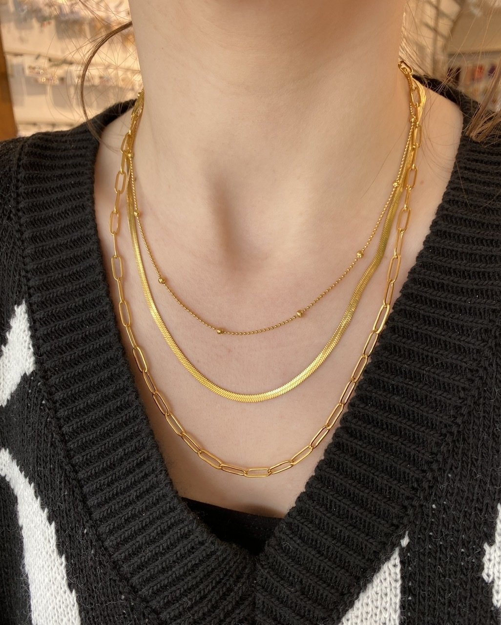 Oval Zincir Detaylı Çelik 3'lü Set Kolye