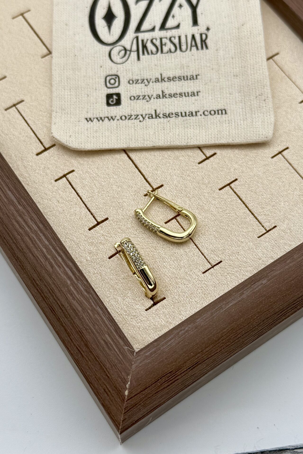 VIP Önü Gömme Taş İşlemeli Oval Halka Küpe 14K