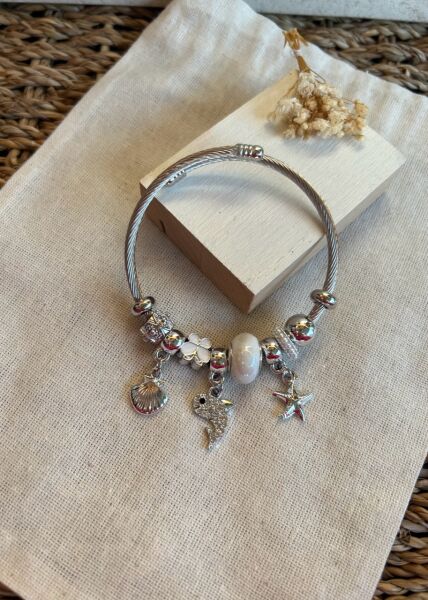 Çelik Kordon Charm Bileklik Taşlı Yunus ve Deniz Kabuğu Detaylı