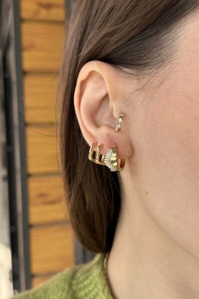 VIP Dalgalı Taş İşleme Halka Küpe 14K