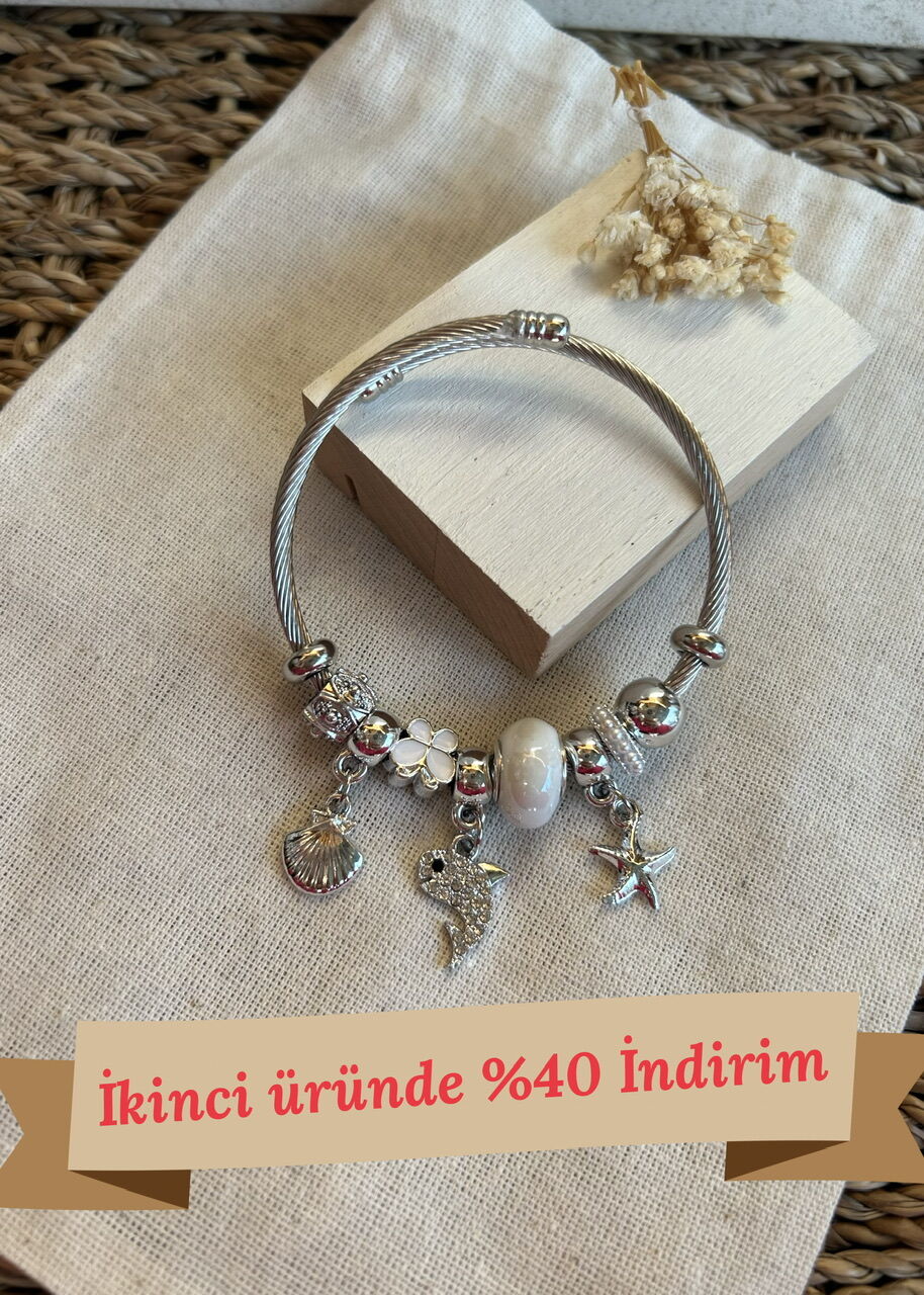 Çelik Kordon Charm Bileklik Taşlı Yunus ve Deniz Kabuğu Detaylı