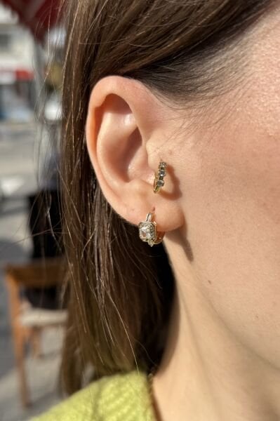 VIP Baget Taşlı Halka Küpe 14K