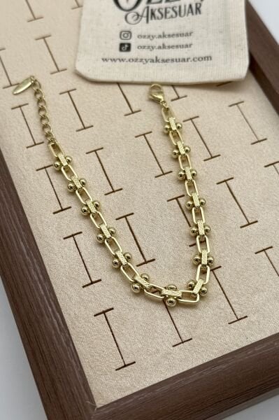 VIP Topçuk Detay Ezmeli Oval Zincir Bileklik 18 + 2 cm 14K