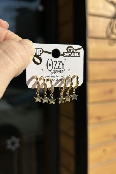 VIP Çoklu Görünümlü Kafes Küpe Yıldız Sallantılı 14K