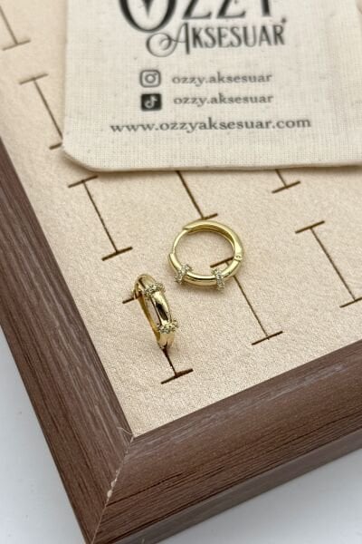 VIP Çift Gömme Taş Kemerli Halka Küpe 14 K