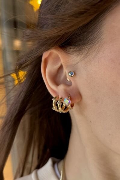 VIP Kristal Opal Tek Taşlı Halka Küpe 14K