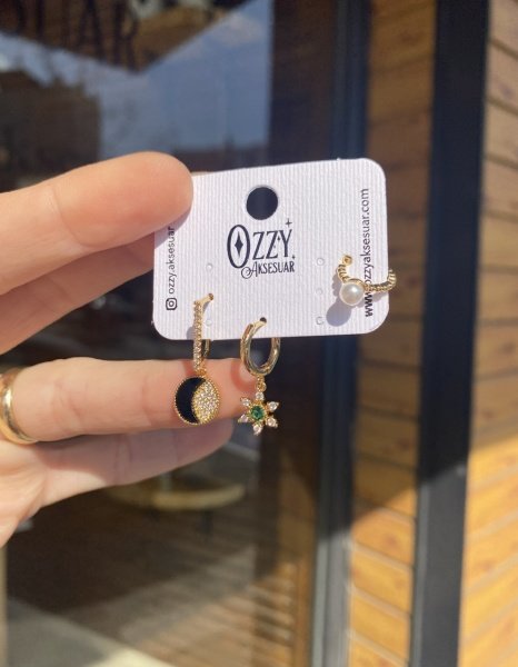 Yeşil Zirkon Taşlı Çiçek Detaylı 2 Küpe 1 Earcuff Kombin Set Küpe