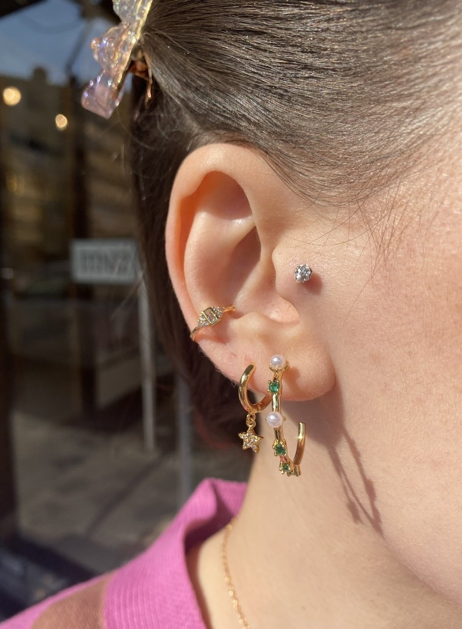 Yeşil Zirkon Taşlı 2 Küpe 1 Earcuff Kombin Set Küpe